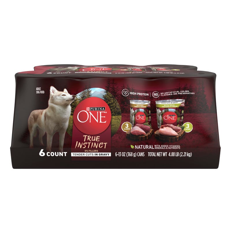 Purina ONE True Instinct Tender Cuts in Gravy with Real Turkey and Venison, and with Real Chicken and Duck High Protein Wet Dog Food Variety Pack - (Pack of 6) 13 Oz. Cans - Image 1