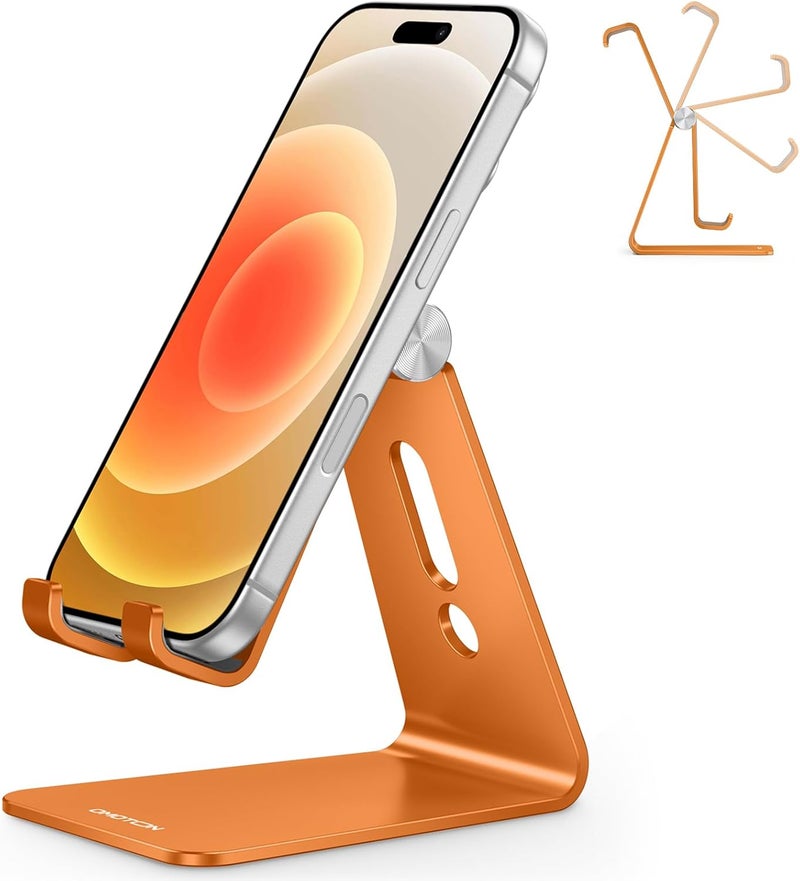 Omoton Adjustable Cell Phone Stand, Aluminum Desktop Cellphone Stand with Anti-Slip Base and Convenient Charging Port, Fits All Smart Phones, Orange - Image 1