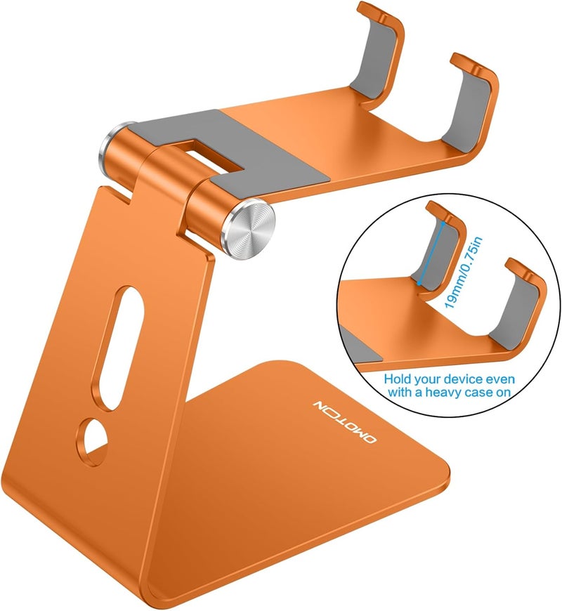 Omoton Adjustable Cell Phone Stand, Aluminum Desktop Cellphone Stand with Anti-Slip Base and Convenient Charging Port, Fits All Smart Phones, Orange - Image 2