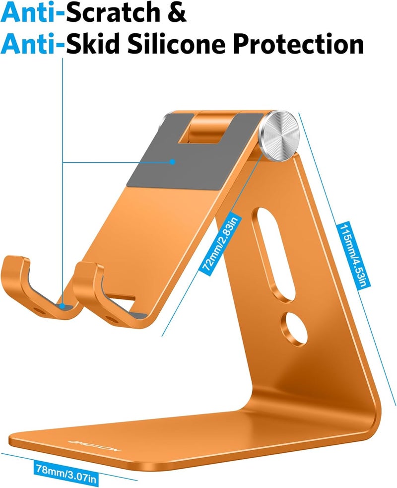 Omoton Adjustable Cell Phone Stand, Aluminum Desktop Cellphone Stand with Anti-Slip Base and Convenient Charging Port, Fits All Smart Phones, Orange - Image 3