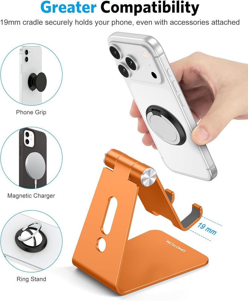 Omoton Adjustable Cell Phone Stand, Aluminum Desktop Cellphone Stand with Anti-Slip Base and Convenient Charging Port, Fits All Smart Phones, Orange - Image 5