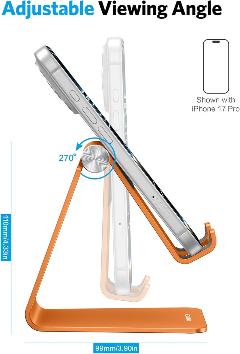 Omoton Adjustable Cell Phone Stand, Aluminum Desktop Cellphone Stand with Anti-Slip Base and Convenient Charging Port, Fits All Smart Phones, Orange - Image 4