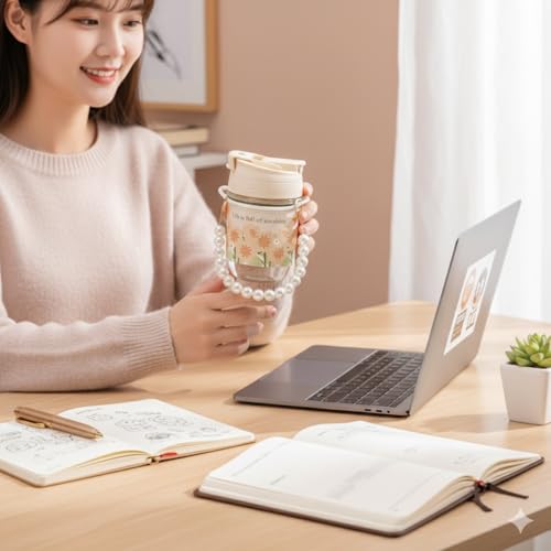 OBLETTER Cute Glass Water Bottle with Pearl Strap & Charm, 400ml Leakproof Aesthetic Portable Drinking Bottle with Straw for Girls, Women, Office, Gym, Travel - Image 2