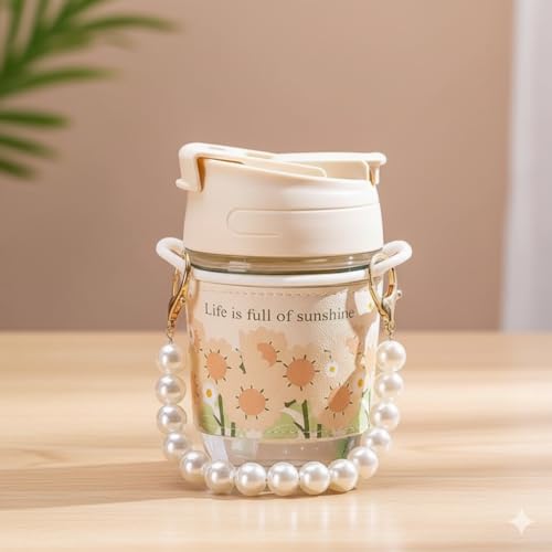OBLETTER Cute Glass Water Bottle with Pearl Strap & Charm, 400ml Leakproof Aesthetic Portable Drinking Bottle with Straw for Girls, Women, Office, Gym, Travel - Image 1