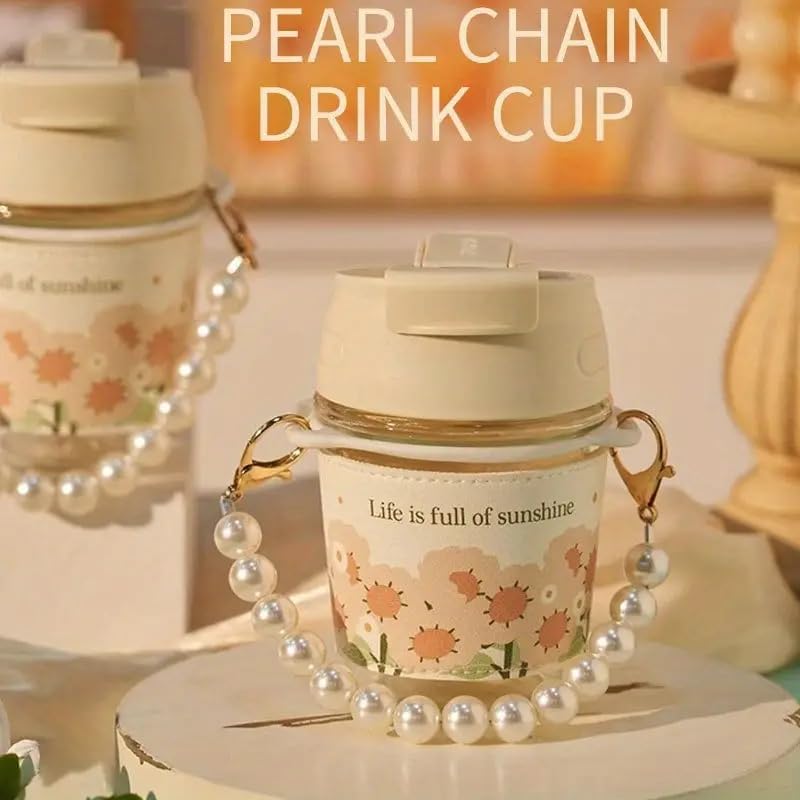 OBLETTER Cute Glass Water Bottle with Pearl Strap & Charm, 400ml Leakproof Aesthetic Portable Drinking Bottle with Straw for Girls, Women, Office, Gym, Travel - Image 4