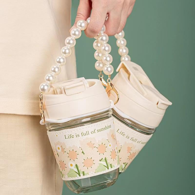 OBLETTER Cute Glass Water Bottle with Pearl Strap & Charm, 400ml Leakproof Aesthetic Portable Drinking Bottle with Straw for Girls, Women, Office, Gym, Travel - Image 5