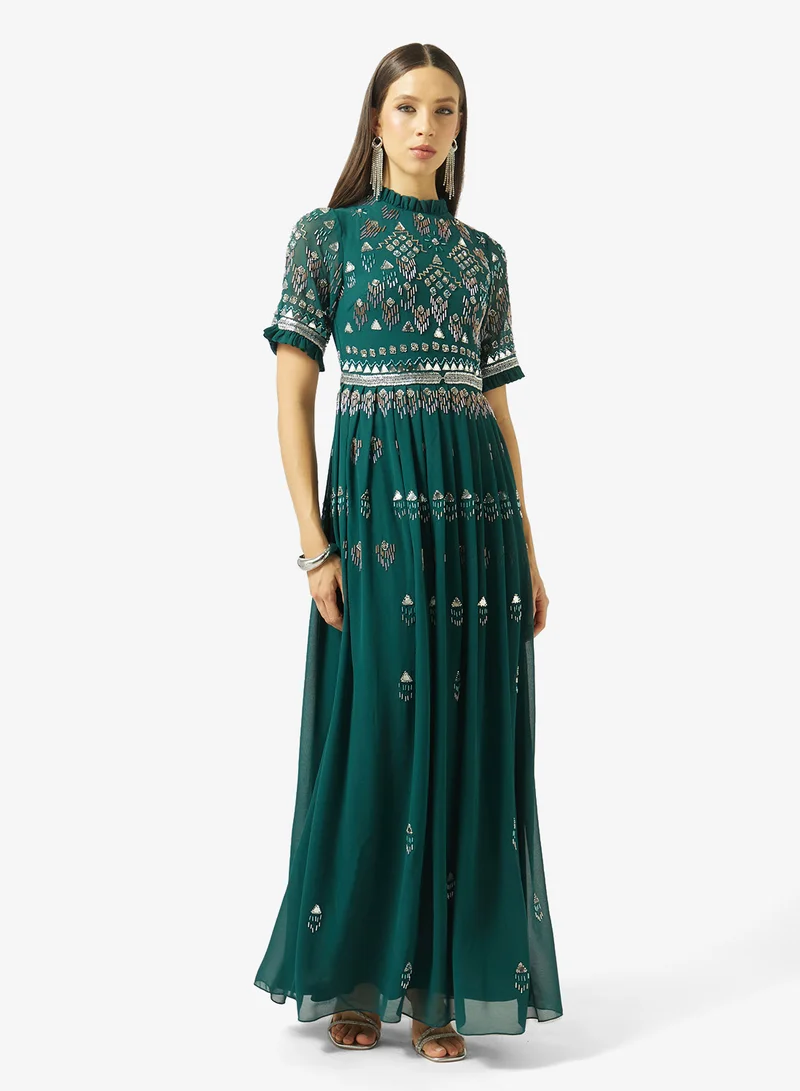 Amelia Rose Embellshed pleated short sleeve dress
