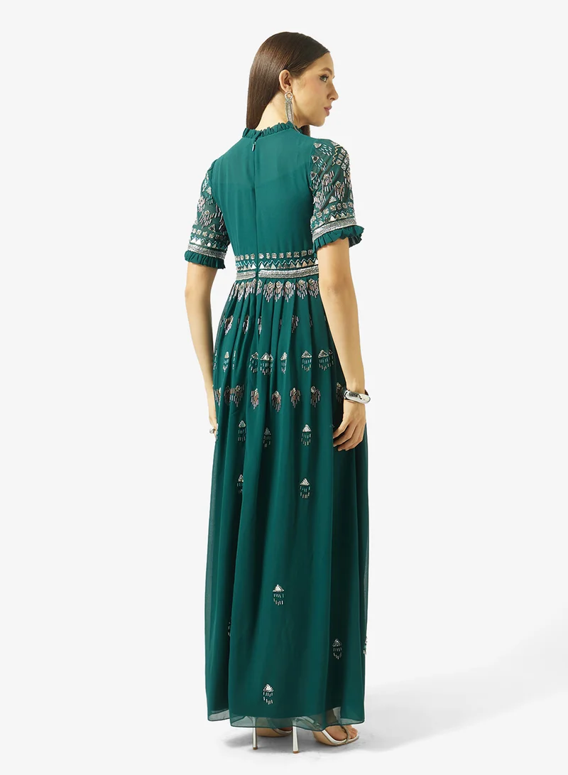 Amelia Rose Embellshed pleated short sleeve dress