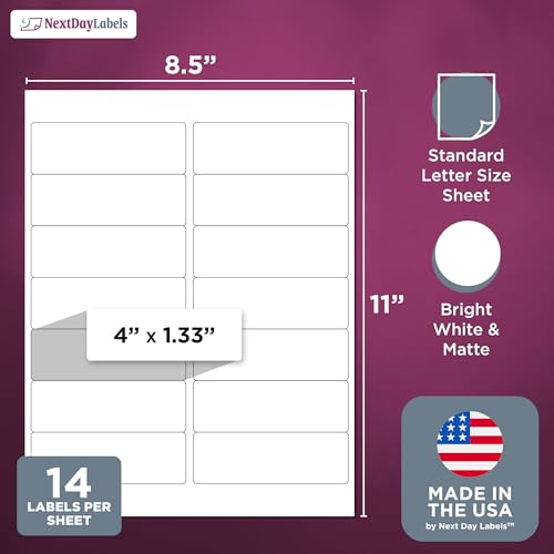 NextDayLabels – 4" x 1-1/3" Rectangular Sticker Labels for Printer - White Laser/Inkjet Printer Labels Return Address Labels Shipping Label Stickers (100 Sheets, 14 Per Sheet, 1400 Labels) - Image 2