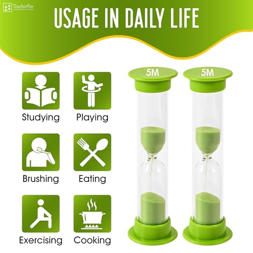 TeacherFav Sand Timer for Kids - 5 Minute Set of 4 Hour Glass - Green Color- Acrylic Covered for Classroom, Home & Kids Room - Image 4