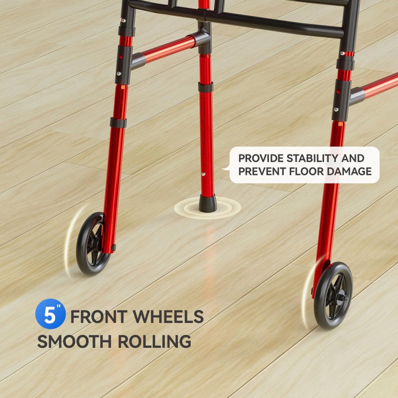 Loyoda Folding Walkers for Seniors Lightweight Walker with 5'' Front Wheel Height and Width Adjustable Aluminum Standard Walker for Elderly Handicap (Red) - Image 4