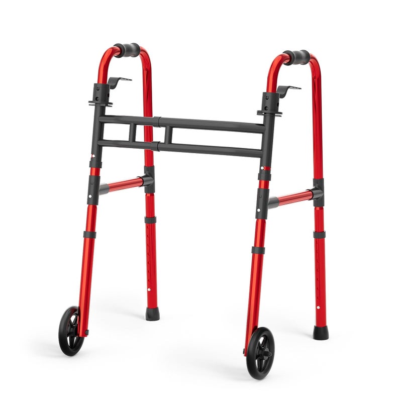 Loyoda Folding Walkers for Seniors Lightweight Walker with 5'' Front Wheel Height and Width Adjustable Aluminum Standard Walker for Elderly Handicap (Red) - Image 1