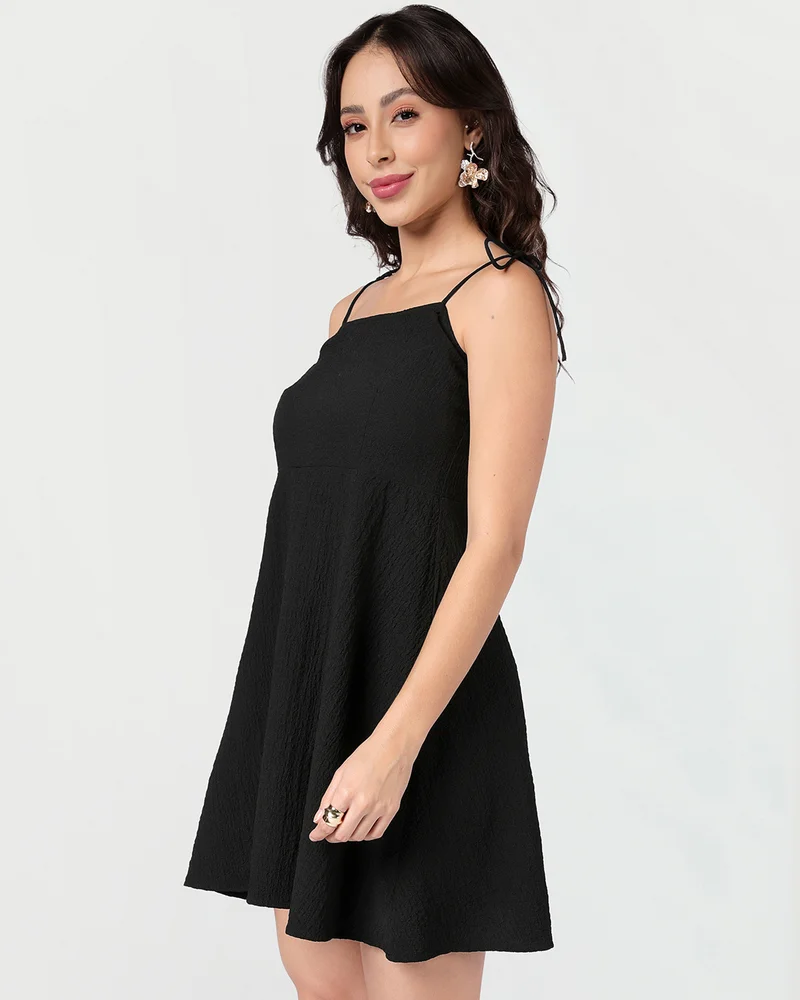 بيواكوف Women's Jet Black Textured Flared Mini Dress
