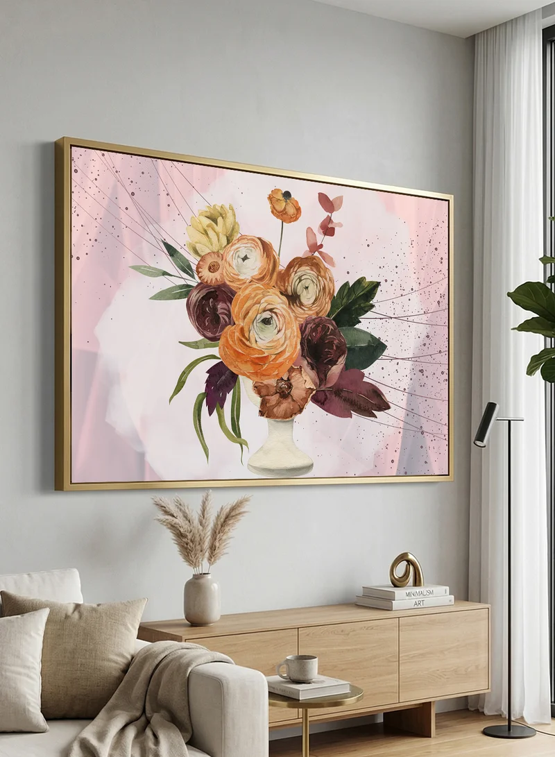 LOWHA Canvas Wall Art Stretched Over Wooden Frame with Gold Floating Frame and Abstract Colorful Vase Design