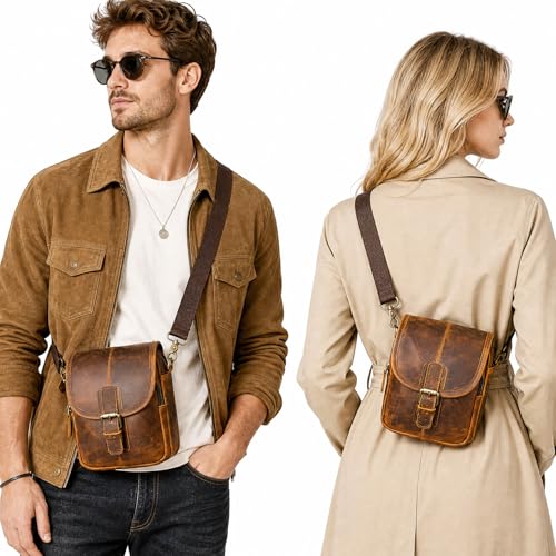 Handadsume Water Resistant Canvas Leather Hiking Riding Travel Fanny Waist Pack Small Phone Pouch For Men Women FB81129 100 Leather Coffee - Image 3