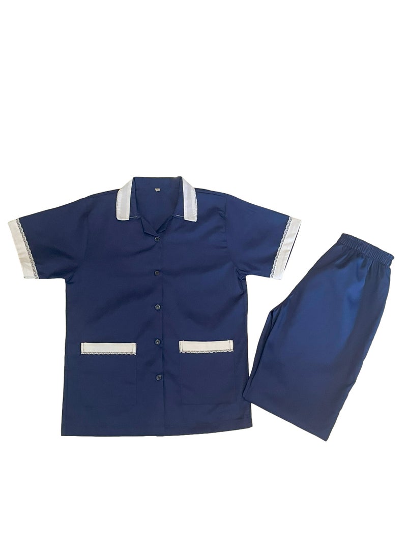Rannah's Closet Maid Uniform with Buttons Top and Pants Navy Domestic Helper Uniform 