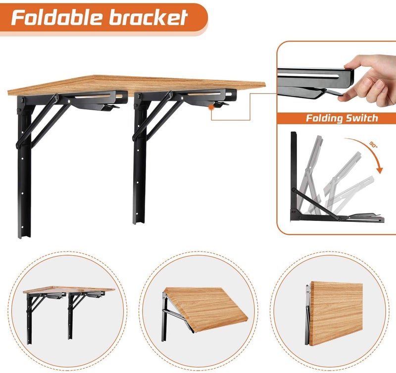 Ultrawall 24 inch Black Sturdy Folding Shelf Brackets, Heavy Duty Adjustable Steel Wall Mounted Collapsible Shelf Bracket, Max Load 550lb - Image 2