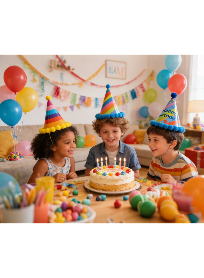 لوكسا 8个生日派对蛋糕帽，毛球装饰，可爱蛋糕造型生日纸帽，可爱皇冠，适合儿童和成人 - Image 4