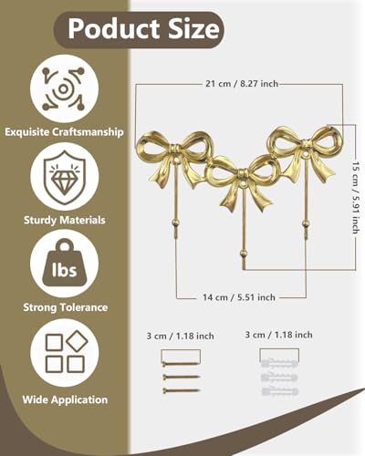 CARMELIT Triple Bow Hooks Decorative Gold Wall Hooks Bow Wall Decor Gold Coat Holder Wall Mount Purse Hanger Cute Butterfly Hook - Image 4