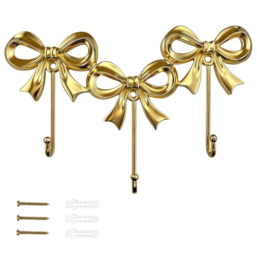CARMELIT Triple Bow Hooks Decorative Gold Wall Hooks Bow Wall Decor Gold Coat Holder Wall Mount Purse Hanger Cute Butterfly Hook - Image 1