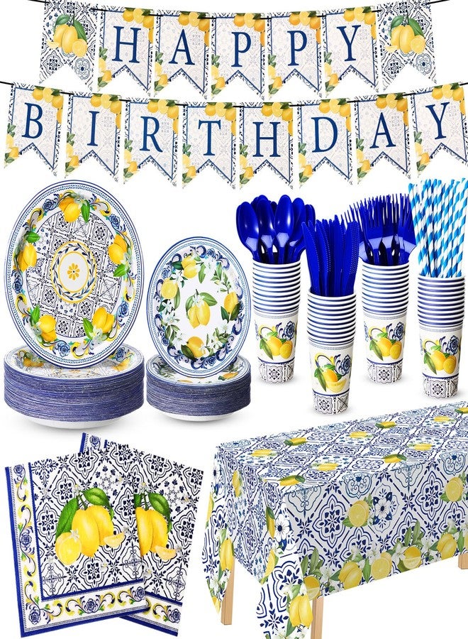 Potchen 194 Pcs Capri Lemon Birthday Party Supplies Disposable Tableware Set Capri Lemon Banner Paper Plates Napkins Cups Cutlery Tablecloth for Bridal Shower Party Decor, Serves 24 Guests - Image 1