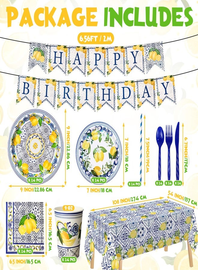 Potchen 194 Pcs Capri Lemon Birthday Party Supplies Disposable Tableware Set Capri Lemon Banner Paper Plates Napkins Cups Cutlery Tablecloth for Bridal Shower Party Decor, Serves 24 Guests - Image 2