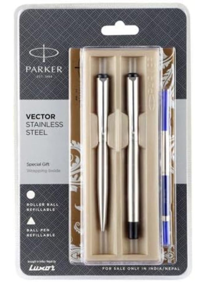 باركر مجموعة أقلام باركر فيكتور المصنوعة من الفولاذ المقاوم للصدأ مع مشبك من الفولاذ المقاوم للصدأ + قلم حبر جاف - Image 1