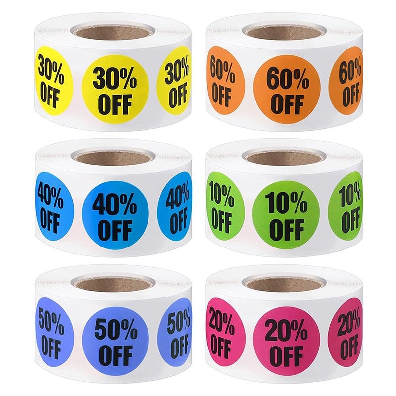 6 Rolls 1 Inch Adhesive Stickers 3000 Pcs Discount Percentage Labels 10 to 60 Off Sale - Image 2