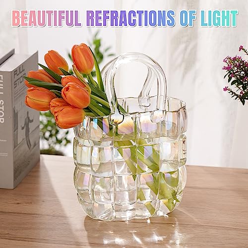 NiHome Glass Purse Vase Iridescent Glass Bag Vase with Handle Handbag Shape Vase for Flowers Farmhouse Decor Handmade Wide Mouth Glass Vase for Office Home Living Room Dining Table Decor - Image 3