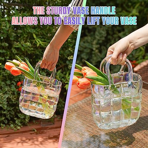 NiHome Glass Purse Vase Iridescent Glass Bag Vase with Handle Handbag Shape Vase for Flowers Farmhouse Decor Handmade Wide Mouth Glass Vase for Office Home Living Room Dining Table Decor - Image 5