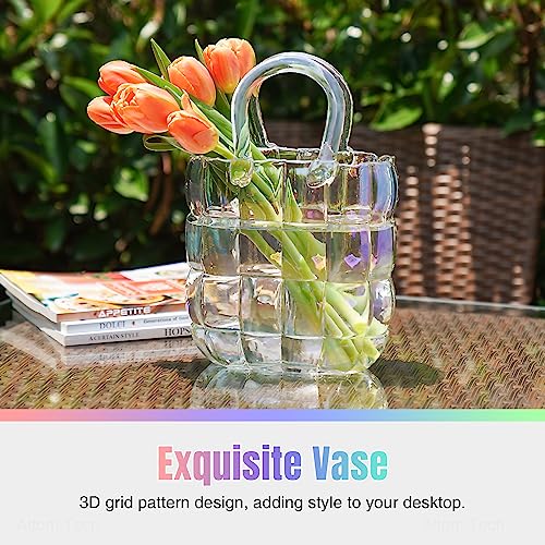 NiHome Glass Purse Vase Iridescent Glass Bag Vase with Handle Handbag Shape Vase for Flowers Farmhouse Decor Handmade Wide Mouth Glass Vase for Office Home Living Room Dining Table Decor - Image 4