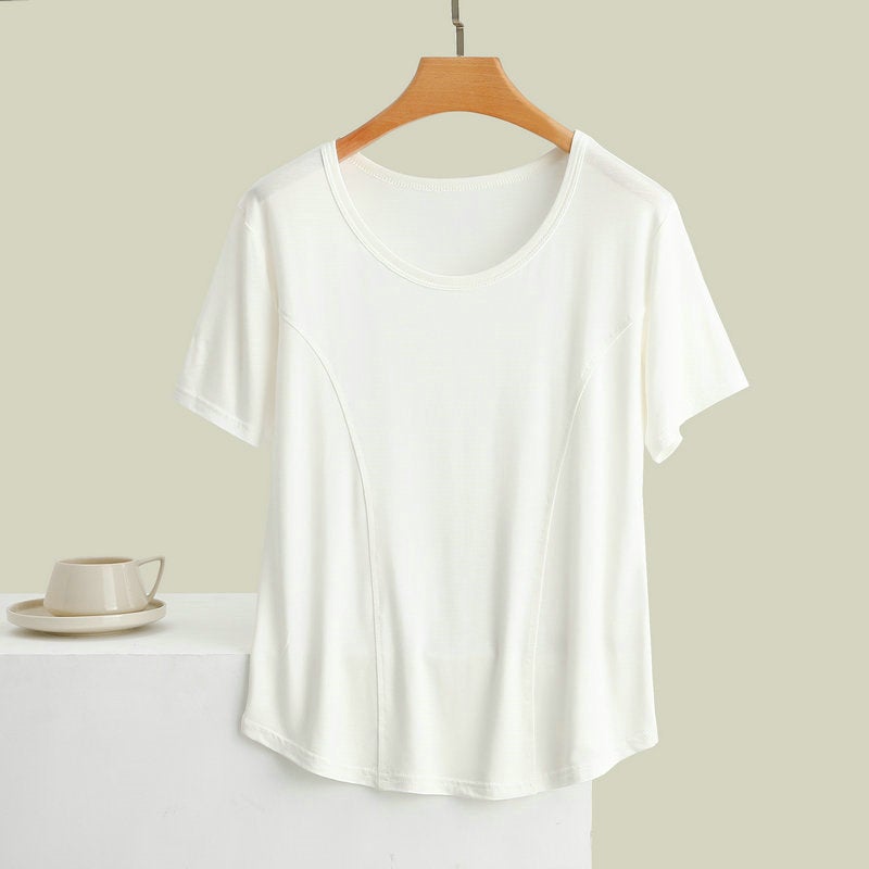 Modal Stitching Short-Sleeved T-Shirt Women'S Summer Round Neck Solid Color All-Match Casual Thin Slim-Fit Half-Sleeve - Image 4