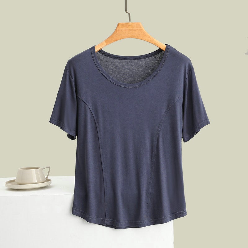 Modal Stitching Short-Sleeved T-Shirt Women'S Summer Round Neck Solid Color All-Match Casual Thin Slim-Fit Half-Sleeve - Image 3