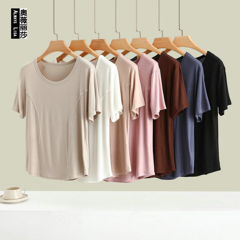 Modal Stitching Short-Sleeved T-Shirt Women'S Summer Round Neck Solid Color All-Match Casual Thin Slim-Fit Half-Sleeve - Image 2