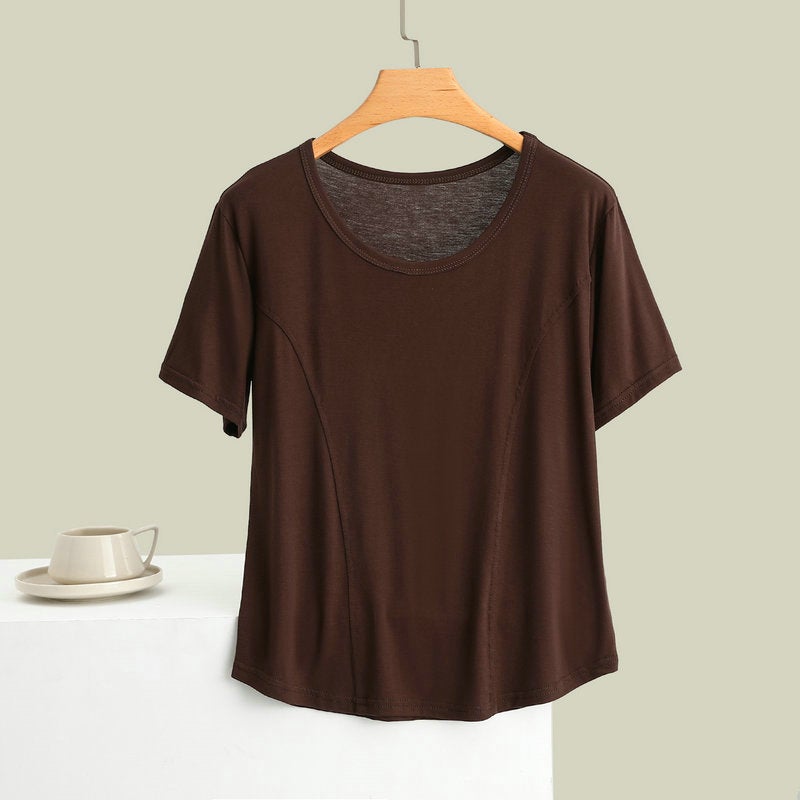 Modal Stitching Short-Sleeved T-Shirt Women'S Summer Round Neck Solid Color All-Match Casual Thin Slim-Fit Half-Sleeve - Image 1