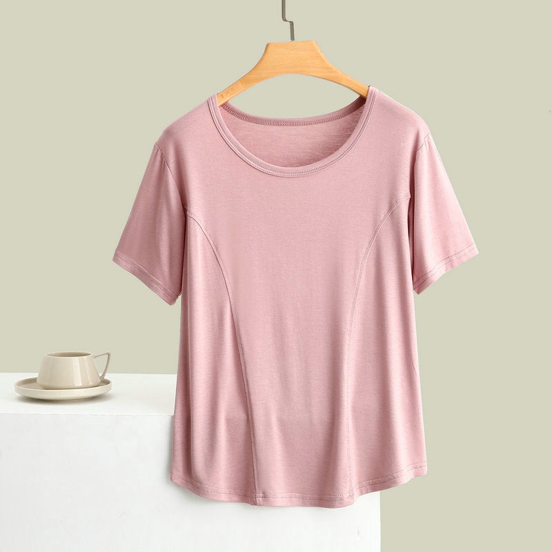 Modal Stitching Short-Sleeved T-Shirt Women'S Summer Round Neck Solid Color All-Match Casual Thin Slim-Fit Half-Sleeve - Image 5