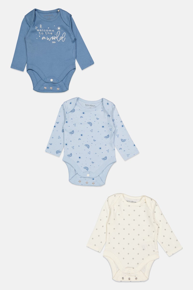 Home Grown Baby Toddlers Boy 3 Piece Printed Bodysuits, Blue  - Image 1