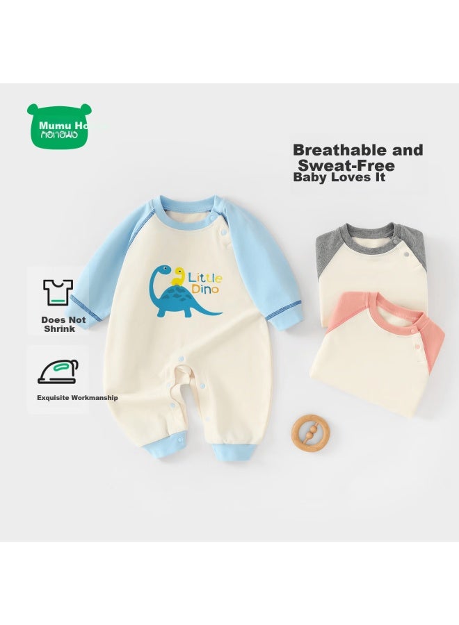 Mini Wooden House Baby Long Sleeve Romper Spring Autumn Cotton Comfortable Light Blue Dinosaur Baby 90cm - Image 1