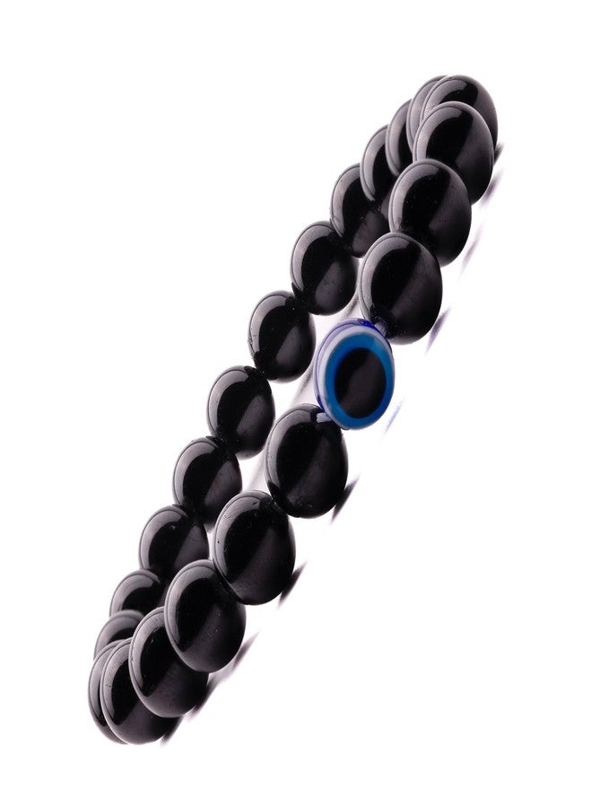 Plus Value Natural Black Tourmaline Nazariya Evil Eye Bracelet for Men Women - Reiki Healing Crystal (Real Beads Size 8mm, 1pc Jute Bag, Stretchable) - Image 1