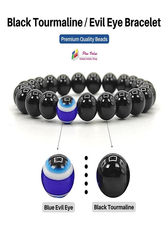 Plus Value Natural Black Tourmaline Nazariya Evil Eye Bracelet for Men Women - Reiki Healing Crystal (Real Beads Size 8mm, 1pc Jute Bag, Stretchable) - Image 2