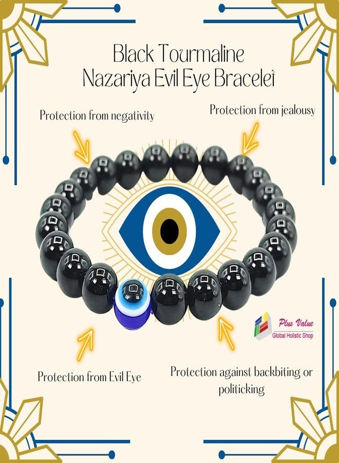 Plus Value Natural Black Tourmaline Nazariya Evil Eye Bracelet for Men Women - Reiki Healing Crystal (Real Beads Size 8mm, 1pc Jute Bag, Stretchable) - Image 4