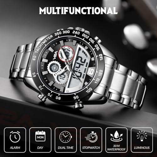 V2A Fusion Series Analog-Digital Men’s Watch with Stainless Steel Band & Alloy Steel Case – Multifunctional with Alarm, Stopwatch, EL Backlight Watch for Men | Gift for Men (Black-Black) (Silver-Black) - Image 3