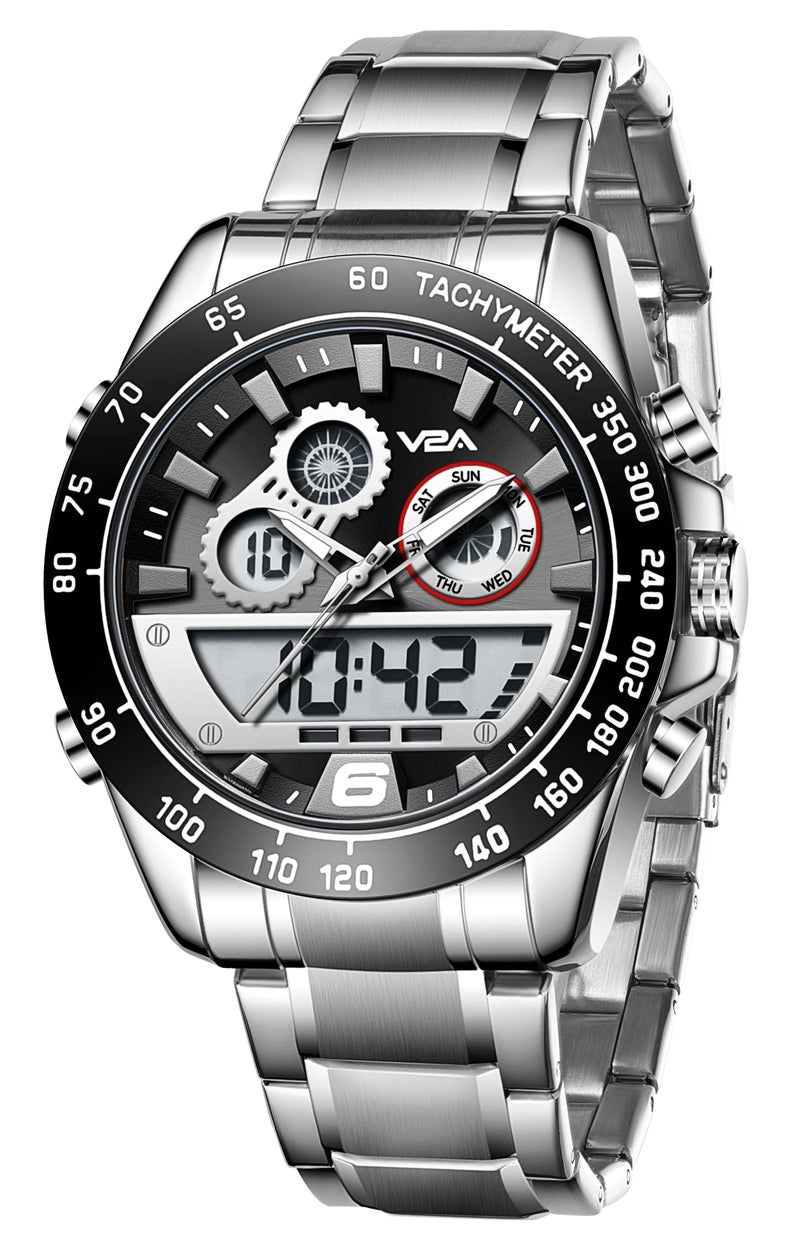 V2A Fusion Series Analog-Digital Men’s Watch with Stainless Steel Band & Alloy Steel Case – Multifunctional with Alarm, Stopwatch, EL Backlight Watch for Men | Gift for Men (Black-Black) (Silver-Black) - Image 1