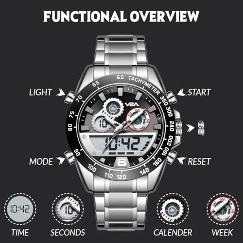 V2A Fusion Series Analog-Digital Men’s Watch with Stainless Steel Band & Alloy Steel Case – Multifunctional with Alarm, Stopwatch, EL Backlight Watch for Men | Gift for Men (Black-Black) (Silver-Black) - Image 4