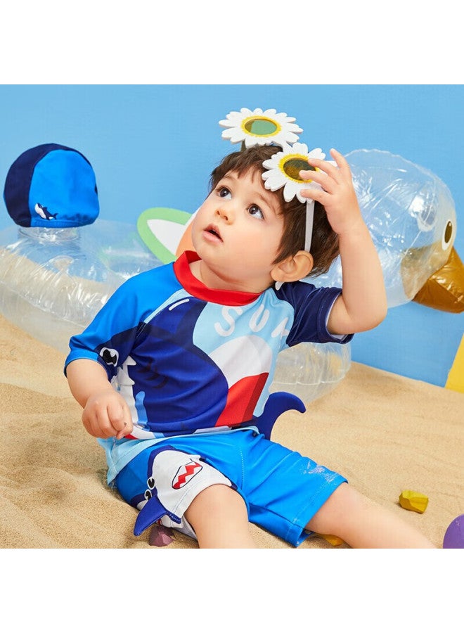 Lemonkid Kids' Split Swimsuit Boys And Girls Baby Swimwear Swimming Trunks Set Sea Blue Funny Shark 140 - Image 1