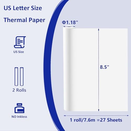 ECIFFO 2 Rolls Thermal Printer Paper, Thermal Paper 8.5 X 11 Inch, Us Letter Paper Size Thermal Paper Rolls for M08f M832 Portable Printer, A4 Printing Paper roll (1 roll =27 Sheets/7.6m long,Φ1.18") - Image 2