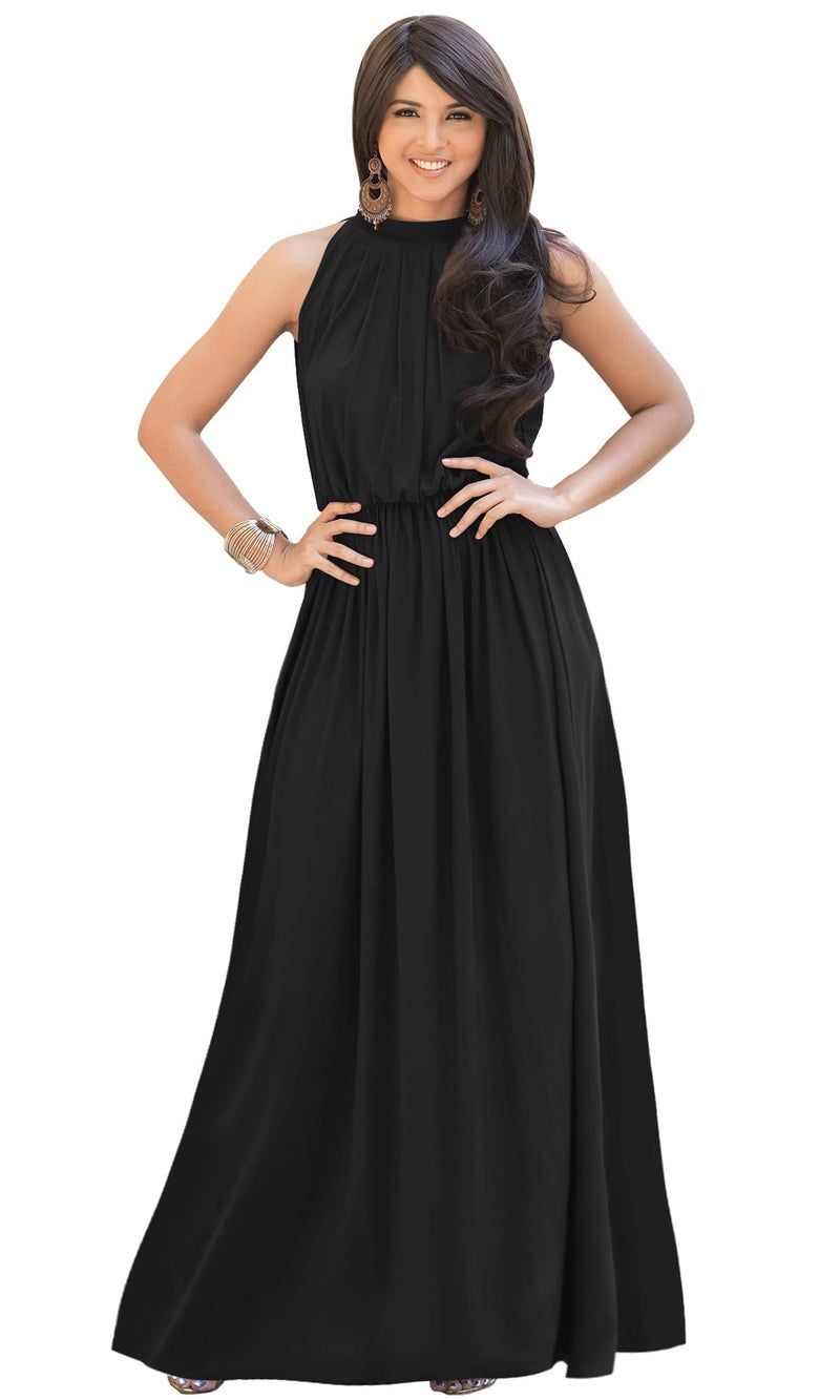 KOH KOH Petite Womens Long Sleeveless Bridesmaid Halter Neck Wedding Party Guest Flowy Slimming Semi Formal Elegant Gala Ball Evening A-line Tall Gown Maxi Dress, Black S 4-6 - Image 1