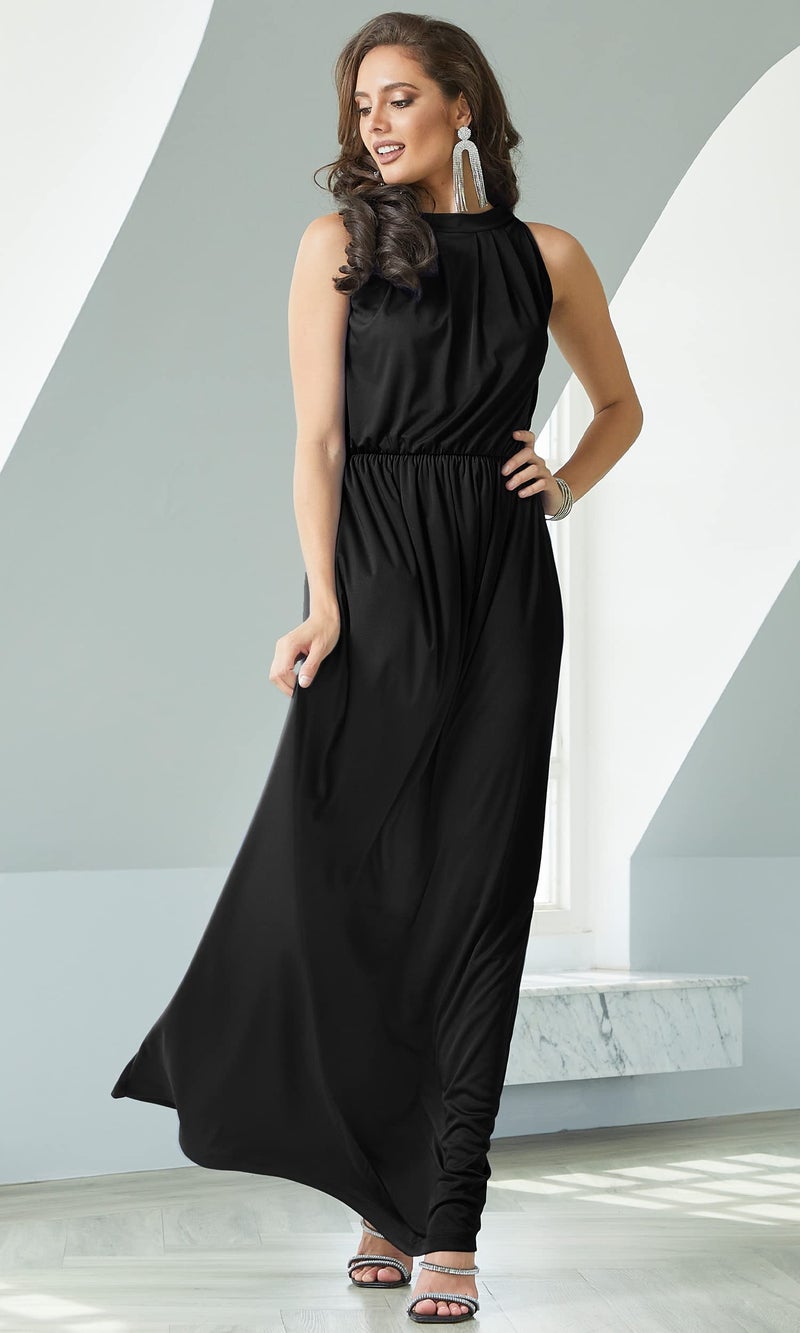 KOH KOH Petite Womens Long Sleeveless Bridesmaid Halter Neck Wedding Party Guest Flowy Slimming Semi Formal Elegant Gala Ball Evening A-line Tall Gown Maxi Dress, Black S 4-6 - Image 2