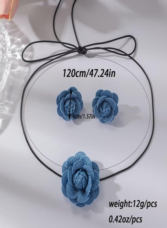 BLUE DROP Vintage Denim Flower Choker Necklace Set For Women Blue Rose Flower Hoop Earrings Flower Jewelry Gifts - A - Image 2