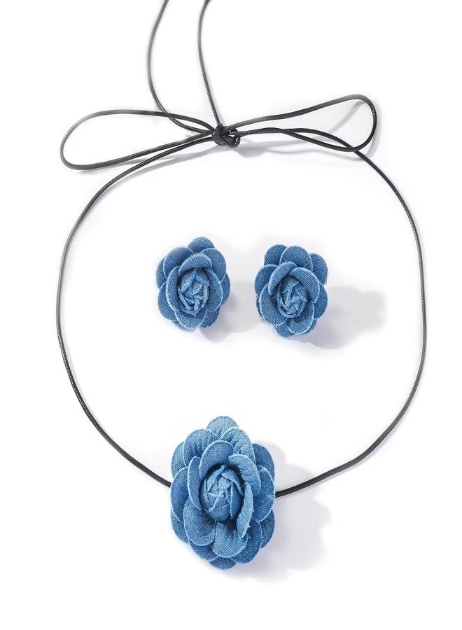 BLUE DROP Vintage Denim Flower Choker Necklace Set For Women Blue Rose Flower Hoop Earrings Flower Jewelry Gifts - A - Image 1